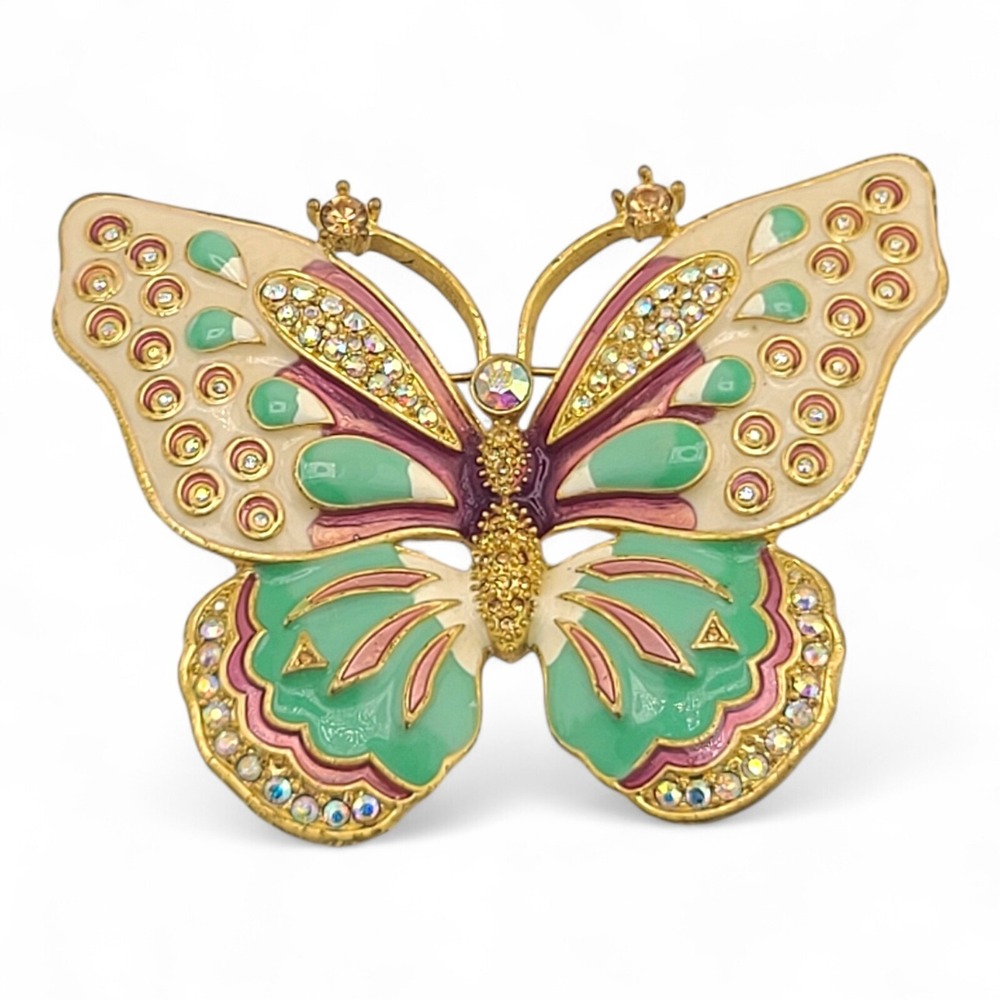 Vintage Kenneth Jay Lane Enamel Aurora Borealis Butterfly Brooch KJL Pin